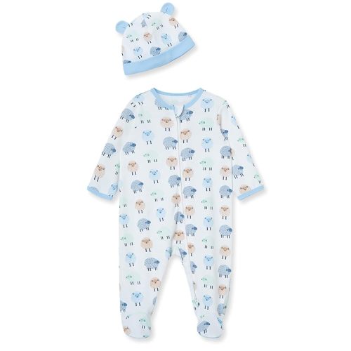 Little Me Baby Boy Clothes 2-Piece Baby Sleeper and Cap Set, 100% Cotton Footies Baby Essentials, Preemie to 9 Months