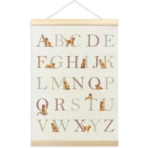 TLESKE Golden Retriever Alphabet ABC Chart Poster Hanger Frame, Homeschool Preschool Hanging Wall Art Decor for Golden Retriever Lover Kid Room Nursery Playroom, Dog ABC Picture 12x16
