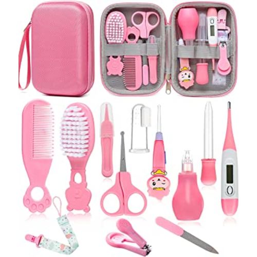 Baby Healthcare and Grooming Kit, Safety Newborn Nursery Care Set, with Hair Brush Comb, Nail Clipper, Thermometer, Pacifier Clip, Nasal Aspirator for Newborn Infant Baby Girls Boys (Pink.)