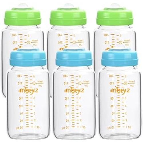 Matyz Glass Breastmilk Storage Bottles, 6 Pack, 8 oz, Compatible with Spectra Medela Pump - Store, Freeze, Warm Up Milk Well - Large Breastmilk Storage Containers - No BPA (3 Green & 3 Blue Lids)