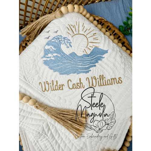 Ocean Waves Baby Blanket Coastal Nursery Embroidered Baby Heirloom Quilt Keepsake Baby Gift Personalized Gender Neutral Baby Shower Gift Mom