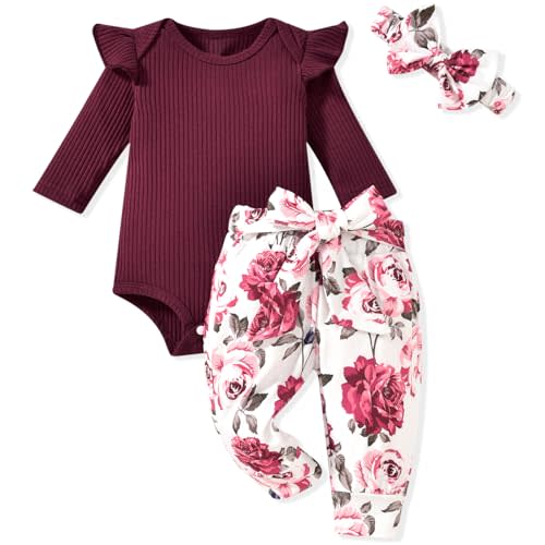 Aalizzwell Preemie Newborn Infant Baby Girls Clothes Ribbed Romper Bodysuit Pants Set Fall Winter Outfits