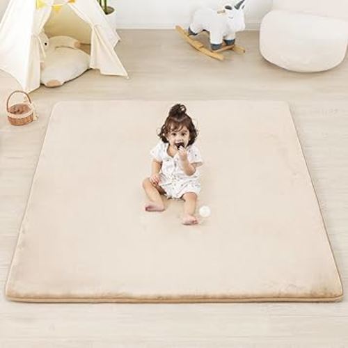 PAPAMAT 1.3" Thick Baby Floor Play Mat 50x50, Basic Padded Foam Mat for Tummy Time Crawling, Non Slip Cushioned for Babies Toddlers Infants Kids (Beige)