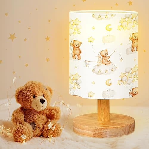 VIHOSE Kids Table Lamp for Bedroom Kids Bedside Lamp with Linen Wooden Nightstand Lamp Cartoon Nursery Lamp Lampshade for Girls Boys Living Room (Bear)