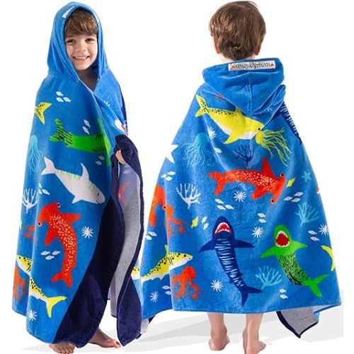 VOOVA & MOVAS Hooded Towel for Toddlers 3-10 Years,30''X50'',Soft | Thick | Cotton | Absorbent | Large Beach | Pool | Bath | Swim Towels | Cover up for Boys, Shark Fish
