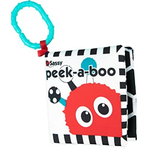 Sassy Peek-a-Boo Activity Book with Attachable Link for On-The-Go Travel | Black & White | for Ages Newborn and Up