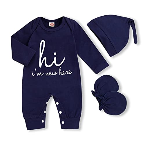 GRNSHTS Newborn Baby Boy Romper Coming Home Outfits Letter Print Bodysuit Jumpsuit+Hat+Gloves 3PCS Clothes Set