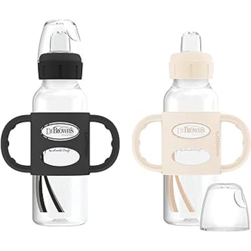 Dr. Brown's Milestones Narrow Sippy Spout Bottle with 100% Silicone Handles, Easy-Grip Handles with Soft Sippy Spout, 8oz/250mL, Black & Ecru, 2 Count (Pack of 1), 6m+
