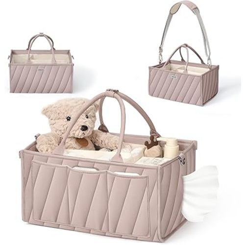 Diaper Caddy Organizer – Portable Storage Basket with Shoulder Strap & Stroller Hooks, Splashproof Quilted Nursery & Car Tote for Baby Girl Shower Gift, Baby Registry, Blush Pink