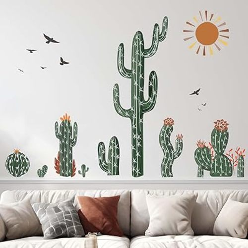 Boho Cactus Wall Stickers - Green Plants Tropical Desert Cacti Wall Decals - Bedroom Living Room Sofa TV Background Home Wall Decor