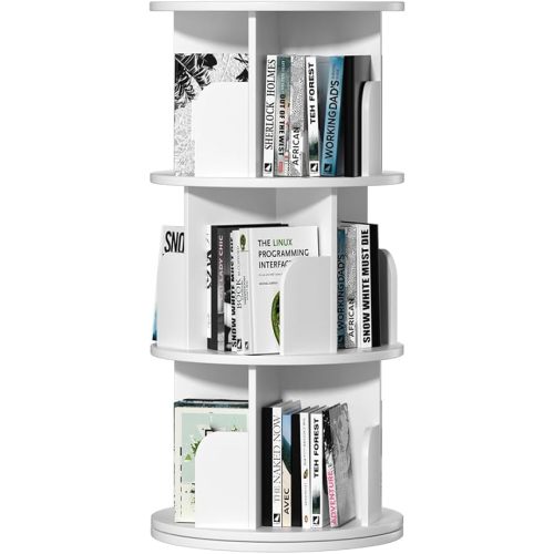 Nidouillet Rotating Bookshelf, Revolving Bookcase 360 Display Round Bookshelf Narrow Swivel Corner Book Shelf Standing Bookcase for Adult Bedroom, Living Room (White, 3 Tier)