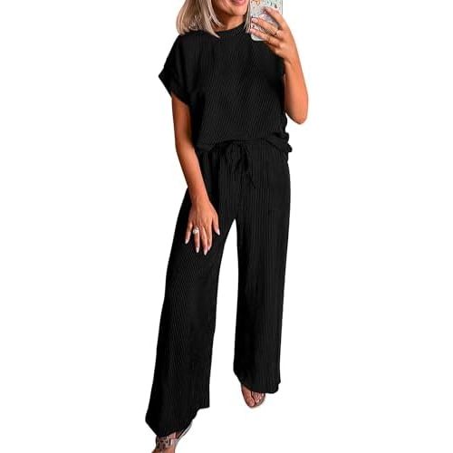 KIRUNDO 2 Piece Sets for Women Dressy Casual Ribbed Knit Short Sleeve Tops Wide Leg Pants Lounge Set Travel Airport Outfits