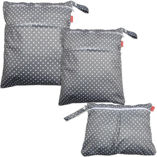 Damero 3pcs Travel Wet and Dry Bag with Handle for Cloth Diaper, Pumping Parts, Clothes, Swimsuit and More, Easy to Grab and Go, Gray Dots