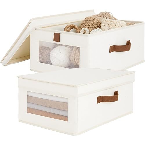 LoforHoney Home Fabric Storage Bins with Lids, Foldable Storage Baskets with Clear Window, Clothes Baskets with Durable Handles, Closet Storage Bins, Beige, 2-Pack