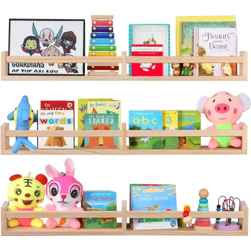 Nursery Book Shelves for Wall Set of 3，Natural Wood Wall Bookshelves for Kids Room - Book Shelf for Wall(32 inches set of 3)