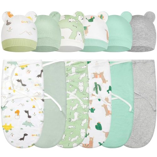 Ramede 6 Pack Baby Swaddle Blanket with Hats Sleep Swaddle for 0-3 Months Newborn Sacks Soft Cotton Wearable for Boy Girl