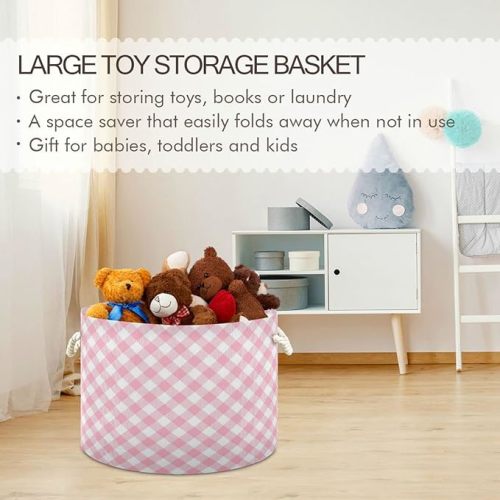 Storage Basket Pink Gingham Round Toy Baskets Foldable Nursery Organizer Waterproof Inner Layer with Sturdy Handles Clothes Laundry Hamper Bin