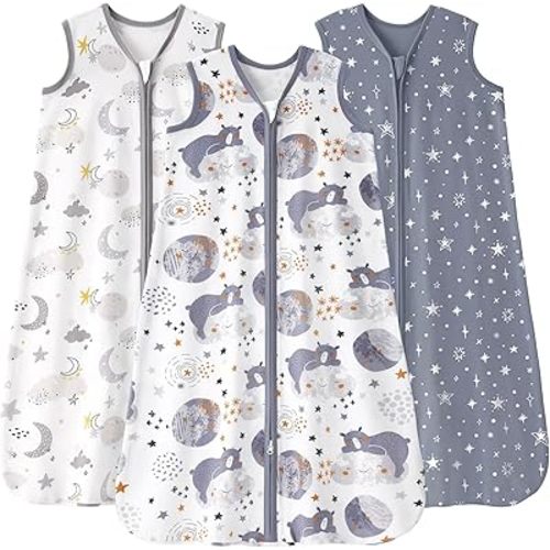 Baby Sleep Sack 6-12 months, 100% Cotton Sleeping Sack for Newborn and Infant, 3 Pack Baby Wearable Blanket for Boy and Girl, 0.5 Tog Lightweight Double Zipper Sleep Bag Grey Moon Bear