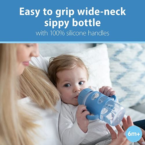 Dr. Brown's Milestones Wide-Neck Sippy Spout Bottle with 100% Silicone Handles, Easy-Grip Handles with Soft Sippy Spout, 9oz/270mL, Light-Blue & Gray, 2-Pack, 6m+ - 2 Pack, Light Blue & Gray