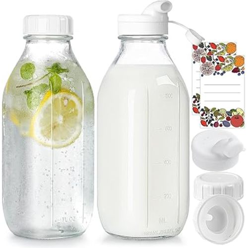 Milk Bottle with 2 Dispenser Cap, 100% Airtight Screw Lid. 2 Pack 32 Oz Reusable Glass Bottles with 3 Lids! Milk Container for Breast Milk, Juice, Nut Almond Milk, Cold Brew, Yogurt, Smoothie, Honey