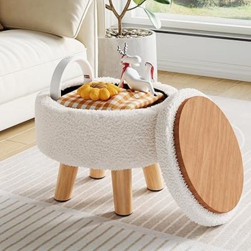 Small Ottoman Footrest, White Boucle Foot Stool, Round Pouf Ottoman with Storage, Teddy Velvet Foot Rest for Couch, Living Room, Nursery, Small Coffee Table Ottomans Stool