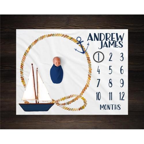 Nautical Baby Milestone Blanket Month Blanket Baby Growth Tracker Fleece Blanket Baby Shower Baby Newborn Gift Baby Boy Sail Boat Nursery