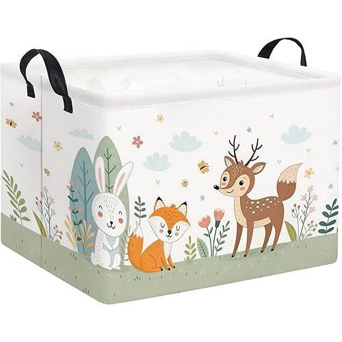 Rectangular Kids Storage Basket Baby Storage Basket with Handles for Home Kitchen Boys and Girls Cute Toy Storage Bin Organizer Shelf Book Room Decor(Flower Animal)