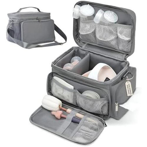 Insulated Pump Bag for Spectra S1 S2, Wearable Breast Pump Bags with Milk Pack, Pumping Bag with Waterproof Mat for Pump Accessories, Bottle Bags for Travel and Family, Gray