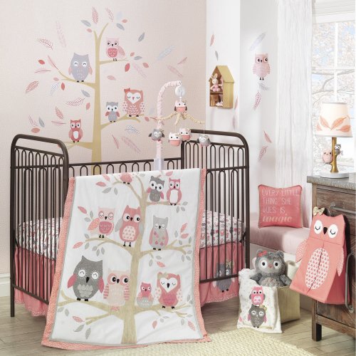 Lambs & Ivy Family Tree Pink/Gray Owl 6-Piece Nursery Baby Crib Bedding Set