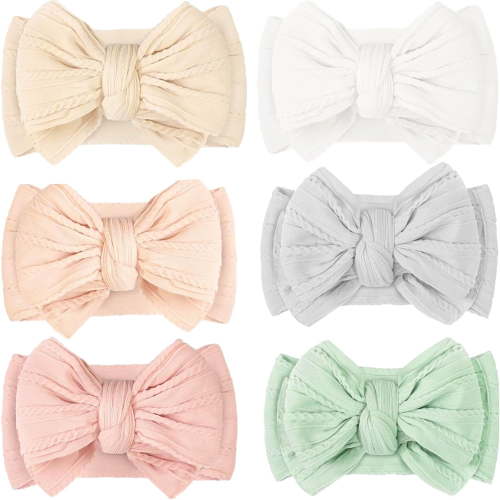 6 Pcs Super Stretchy Soft Handmade Headbands with Double Bows Head Wrap Nylon Hair Accessories For Newborn Baby Girls Infant Toddlers Kids