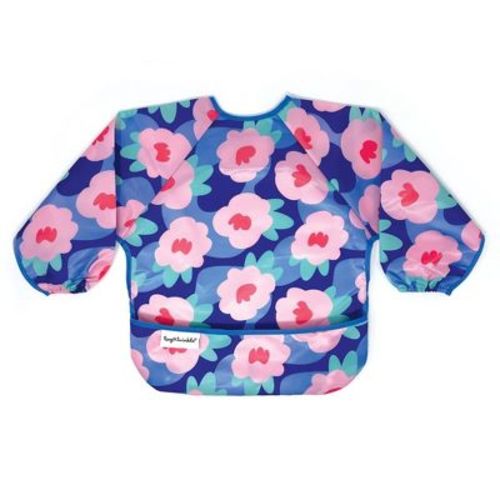 Tiny Twinkle Mess-Proof/Waterproof Long-Sleeve Baby Bib, Machine Washable Smock for Eating (Floral Blue, Small 6-24 Months)