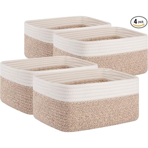 OIAHOMY 4 Pack Storage Baskets for Organizing, Small Baskets for Shelves, Cute Decorative Storage Bins, Organizer Baskets for Gifts Empty, Woven Baskets for Storage, 13''Lx8.7''Wx5.1''H, Brown/White