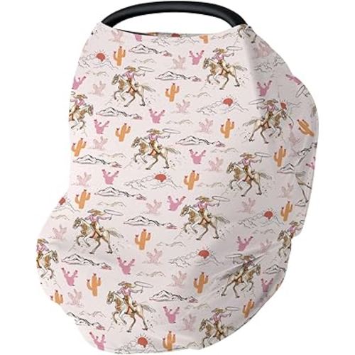 Cute Pink Cowgirl Car Seat Cover for Baby Western Cowgirls Horse Cactus Mountain Sunset Stretchy 5-in-1 Covers Adjustable Infant Carseat Canopy Cover Wild West Desert Breathable Nursing Cover-Up