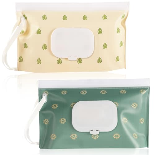 FEBSNOW 2 Pack Baby Wipes Dispenser, Portable Refillable Wipe Holder Baby Wipes Container Travel Wipes Case Reusable Boho Wet Wipes Pouch