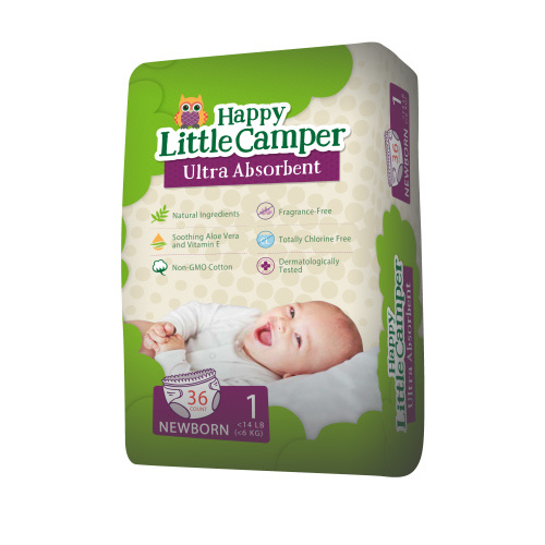 Happy Little Camper Ultra-Absorbent Natural Baby Diapers Size 1 - Hypoallergenic & Chlorine-Free Disposable Diapers Safe for Sensitive Skin - Unscented Newborn Diapers - 36 Count