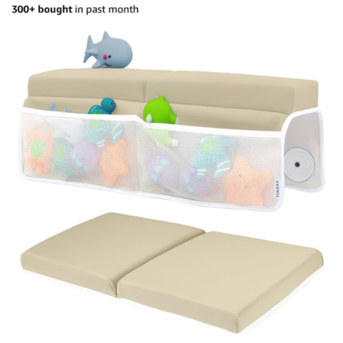 Comfortable Baby Bath Kneeler and Elbow Rest Pad Set – Thick Memory Foam Bath Kneeling Pad with Elbow Support – Baby Bathtub Cushion with Toy Organizer for Bathing Infant or Toddler - Beige