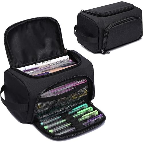 XQXA Large Capacity Pencil Case Organizer, Multifunctional Extra Big Pencil Pouch with Compartmens, Travel Simple Stationery Pen Bag, Fabric Pencil Bag for Men Women Girl Boy (Black)