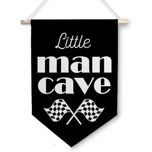BlissfulAbon Little Man Cave Boy Nursery Wall Canvas Banner, Cars Room Decor for Boys, Checkerboard Car Racing Wall Hanging Decor Pennant Flags for Boys Bedroom Room Playroom, 11×15 Inch