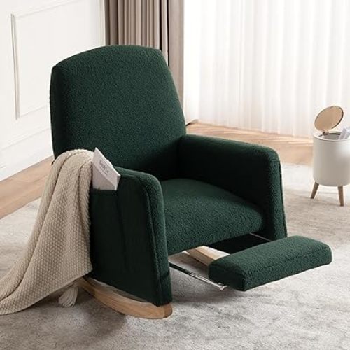 FOXHUNTER Rocking Chair Nursery,Glider Chair with Adjustable Footrest and High Backrest, Modern Glider Rocker Chair for Nursery with Side Pockets, Teddy Rocking Chair Indoor for Living Room, Green