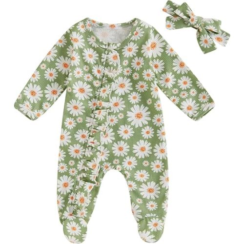 Newborn Baby Girl Clothes Fall Winter Long Sleeve Footie Romper Waffle Ruffle Zipper Jumpsuit Coming Home Outfit