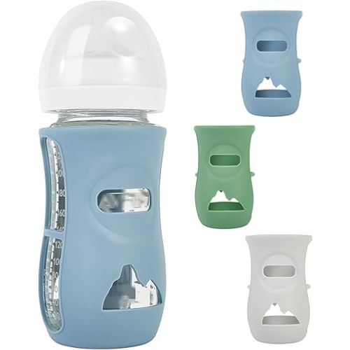 3 Pack Silicone Sleeves for Avent Natural Glass Baby Bottles, Protection and Insulation, Baby Bottle Sleeve Compatible with Avent Glass Bottles 8 oz, Dishwasher Safe (Blue+Green+Grey)