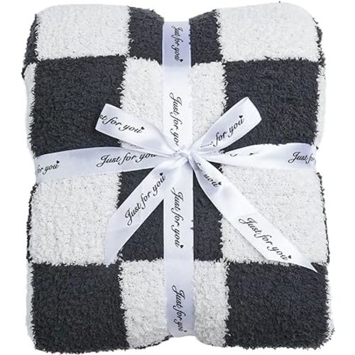 Ultra Soft Checkered Blanket Cozy Buffalo Check Throw Fluffy Knitted Reversible Throw Blanket Lightweight Fleece Checkerboard Grid Blanket for Sofa Couch Bed Travel, Classic Black, 51''x63''