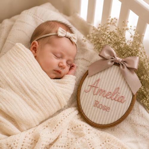 Custom Embroidered Baby Name Sign, Personalized Nursery Hoop Decor, Newborn Announcement Plaque, Baby Shower Gift, Nursery Wall Keepsake