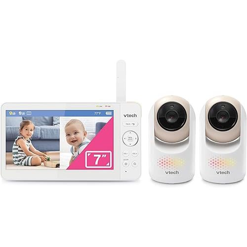 VTech 2-Cameras Video Baby Monitor with 7" Color LCD Screen, Rechargeable Battery, Video and Audio Streaming, Pan-Tilt-Zoom, Touch Multi-Color Night Light, Two-Way Talk: Advanced Max Twin (Tan)