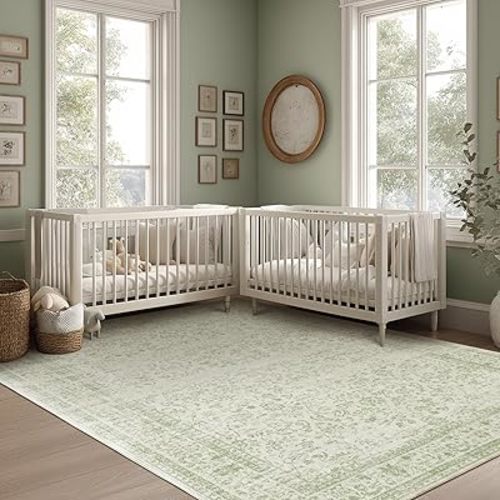 BILEEHOME Sage Green Rug for Bedroom,Boho Floral Print Washable Cottage Core 8x10 Area Rugs for Living Room,Light Green
