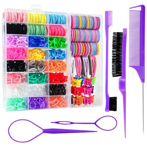 Hair Accessories Set for Girls Toddlers - Colorful Small Bands for Hair, No Damage Elastic Hair Ties, Clips and Topsy Tail Tools