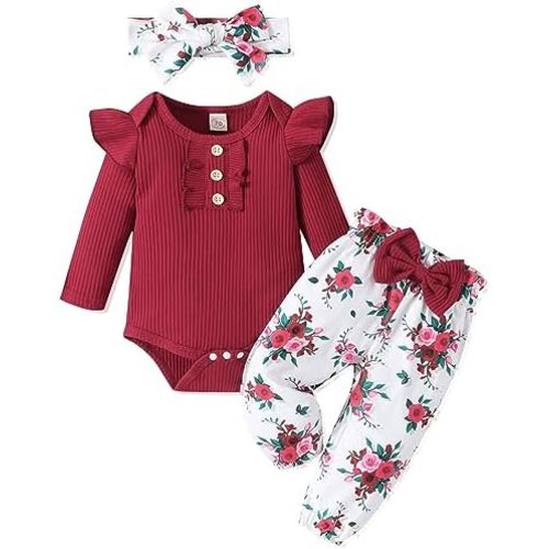 Baby Girl Clothes Newborn Infant Outfits Ruffle Romper+ Floral Pants + Cute Headband Sets for Girls