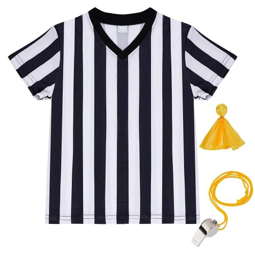 obmwang Kids Referee Shirt Costume, Black and White Stripe V Neck Referee Shirt, Yellow Penalty Flag and Whistle