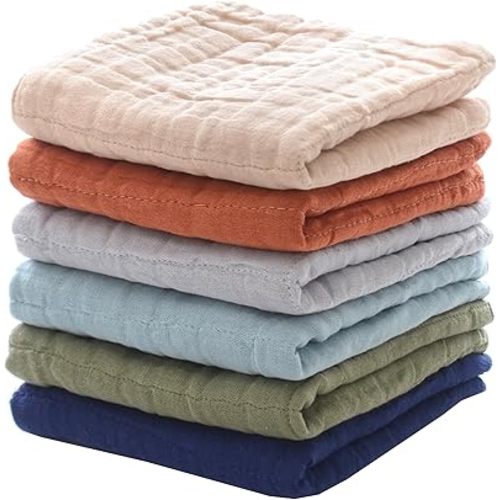 MUKIN Cotton Towel for Baby, Soft Face Cloths, Newborn Absorbent Bath Wipes, Muslin Washcloth Burp Cloths or Towels, Pack of 6, 12x12 inches (Multicolor)