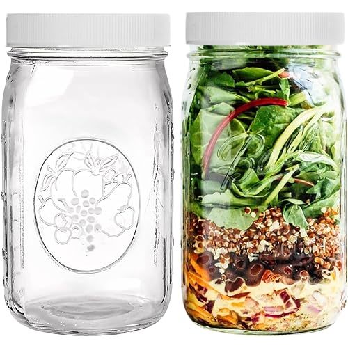 Wide Mouth Mason Jars 32 oz – 2 Pack Quart Size Jars with Airtight Lids and Bands & White Plastic Lid, Ideal for Meal Prep, Canning, Fermenting and DIY Projects, Microwave & Dishwasher Safe.